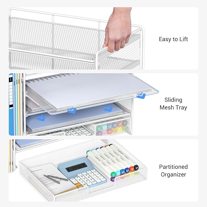 Desk Organizer, 5-Tier Paper File Organizer with Drawer & Pen Holder, White