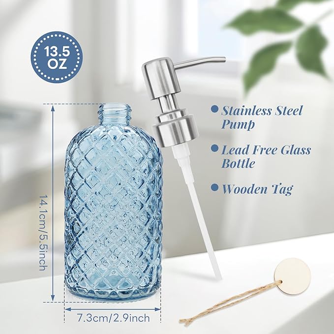 13.5Oz Gem Design Soap Dispenser with Rustproof Stainless Steel Pump for Bathroom and Kitchen, Refillable Liquid Glass Soap Dispenser for Hand Soap, Dish Soap, Lotion (Blue)