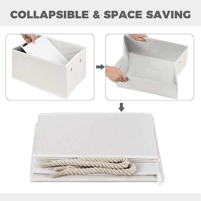 Set of 3 Fabric Bins for Organization - Foldable & Stackable With Lid & Rope Handles - Collapsible Fabric Storage Cubes Lightweight & Sturdy Bottom, Space Saving Collapsible Bin, Ivory