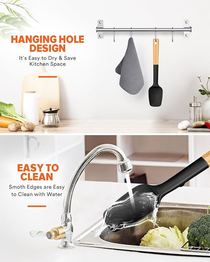 Silicone Spoon Spatula, Great For Scraping Bowls And Scooping Batter, Sturdy Bpa-Free Matte Silicone, Wooden Handle Rubber Spatula For Nonstick Cookwares (BLACK)