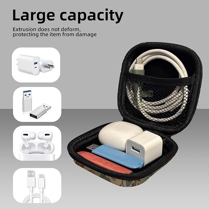 Square Data Cable Earbud Charger Coin Storage Bag Shockproof and Drop-Proof EVA Material Compatible with AirPod(Mushroom Rainbow Flower)