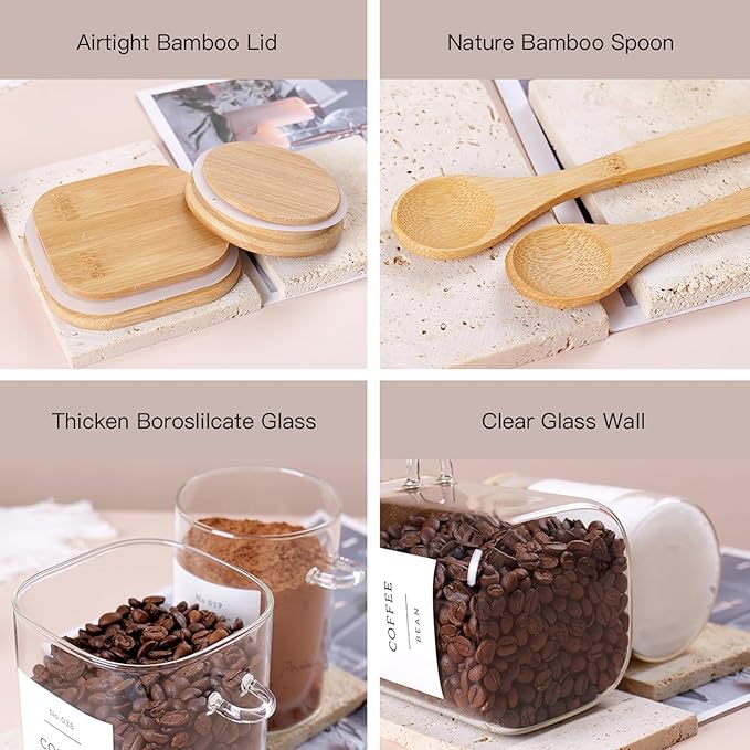 CZSZYGHBAO 6 Pack Glass Jars with Bamboo Lid and Spoons - 17Oz/27Oz Borosilicate Glass Jars with 132 Pantry Labels - for Coffee Beans, Tea