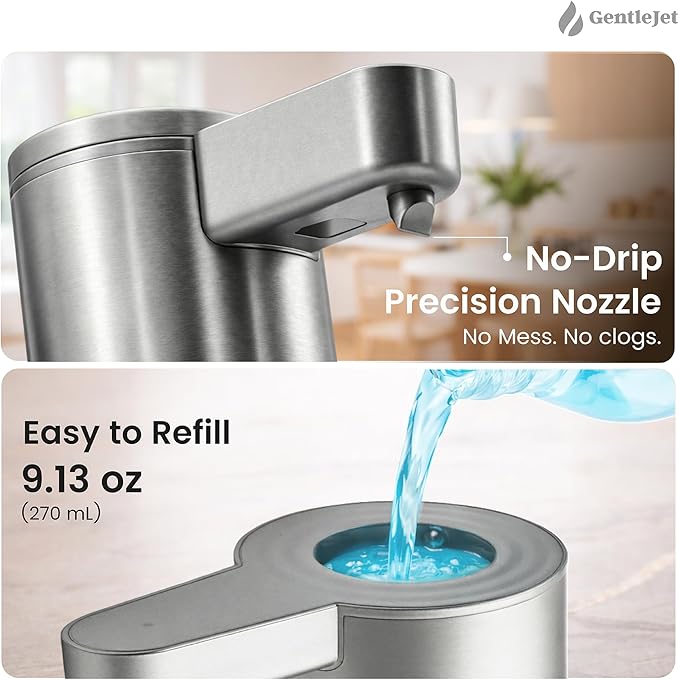 GentleJet OpalDrop Automatic Liquid Soap Dispenser for Kitchen Sink – Touchless No-Drip Pump, USB-C Rechargeable, 304 Stainless Steel, IPX5 Water-Resistant, 270 ml