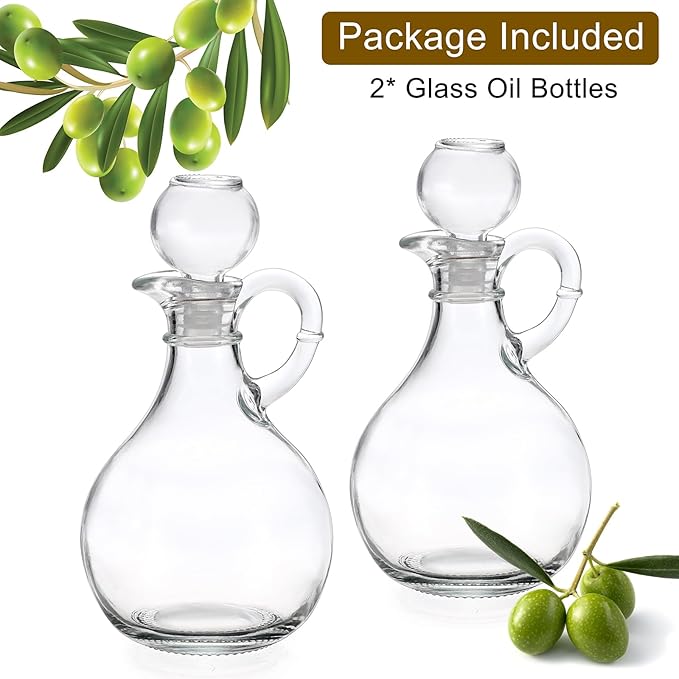 BSTKEY Set of 2 Olive Oil Dispenser Bottle with Stopper, Elegant Style Round Glass Cruet Bottles for Kitchen, 310ml Oil Dispenser Spout Container for Syrup Olive Vinegar