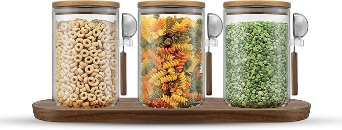 JoyJolt Holden 32oz Stackable Glass Storage Containers with Lids Scoops and Tray, Clear Airtight Food Canister Set of 3 w/Acacia Wood Lids