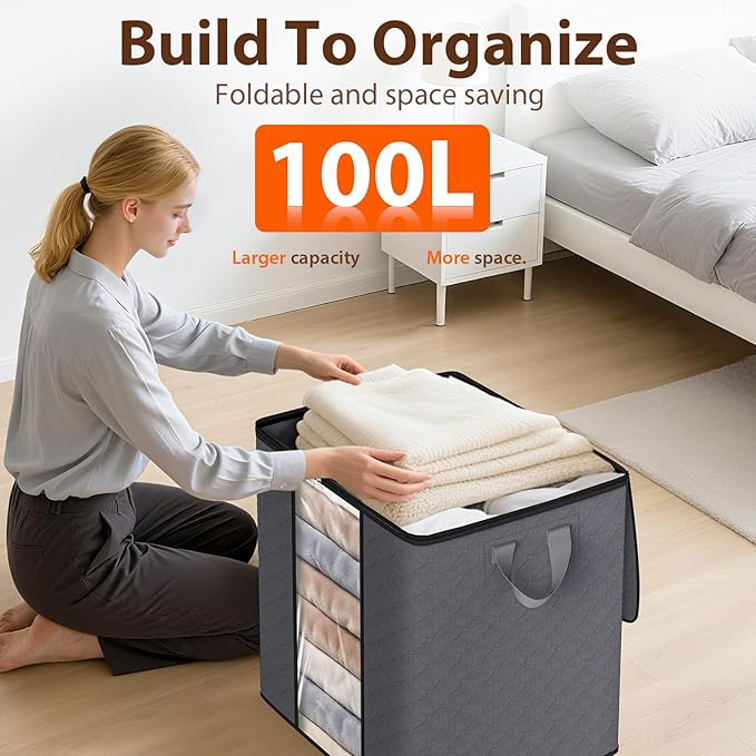 4 Pack 100L Clothes Storage, Foldable Thick Fabric Blanket Storage Bags