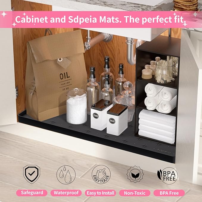Under Sink Mat 31"×22" Waterproof Silicone Cabinet Liner & Sink Protector, Black