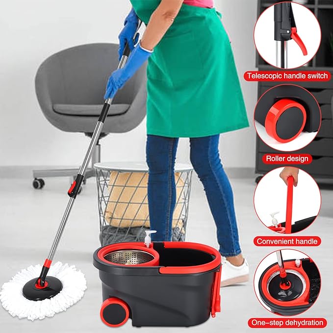Spin Mop and Bucket, Mop Set with Bucket On Wheels with 3 Microfiber Mop Refills, Stainless Steel 61" Extended Handle Mop and Bucket with Wringer Set for Floor Cleaning