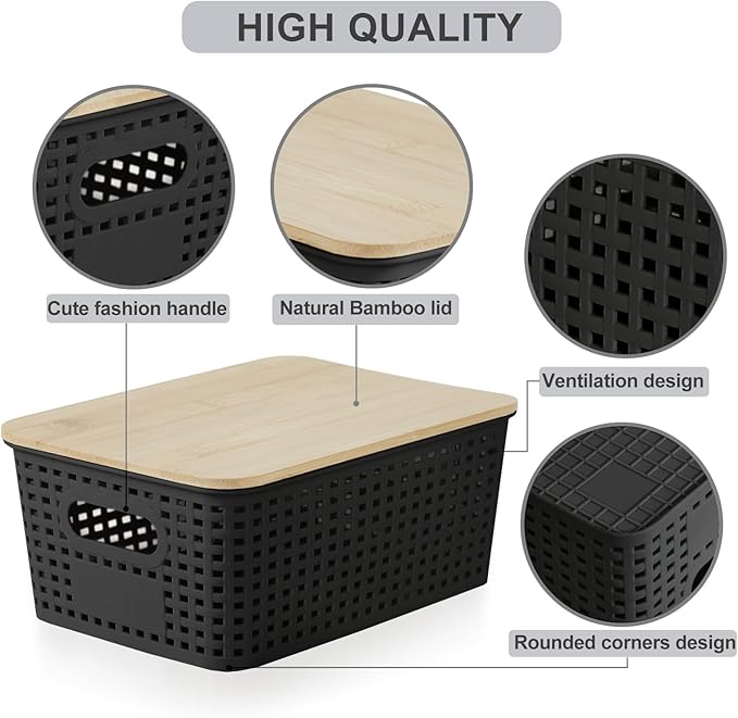 Bagnizer Small Plastic Storage Bins with Bamboo Lids 5.2qt Stackable Box Basket Pantry Decorative Containers Cute with Labels for Organizing Desktop