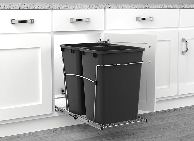 Rev-A-Shelf RV-18KD-18C S Double Pullout Trash Can for Kitchen Cabinets 35 Qt Garbage Recycling Bin on Full Extension Slides, Black