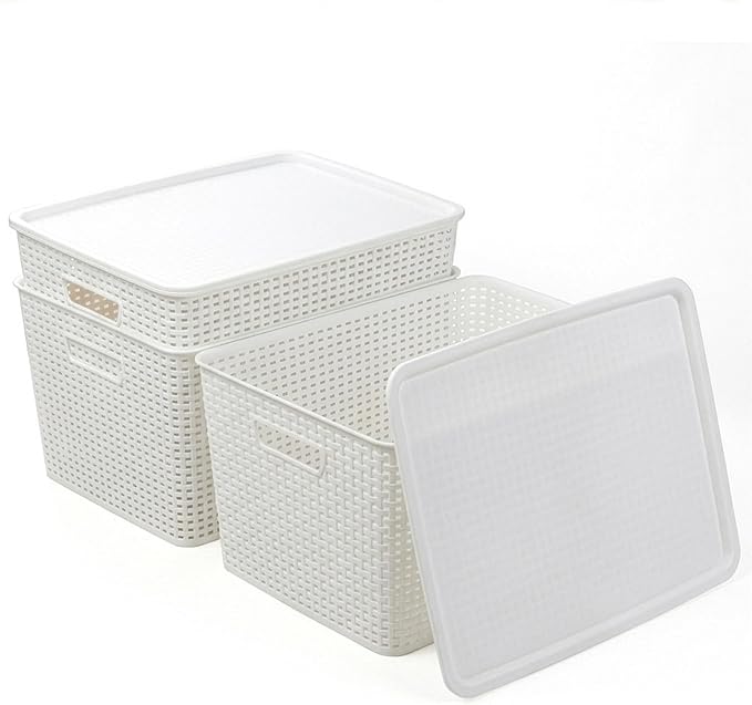 Plastic Storage Baskets with Lids, 33 Liter, 3 Pack, White, THE WOVEN COLLECTION