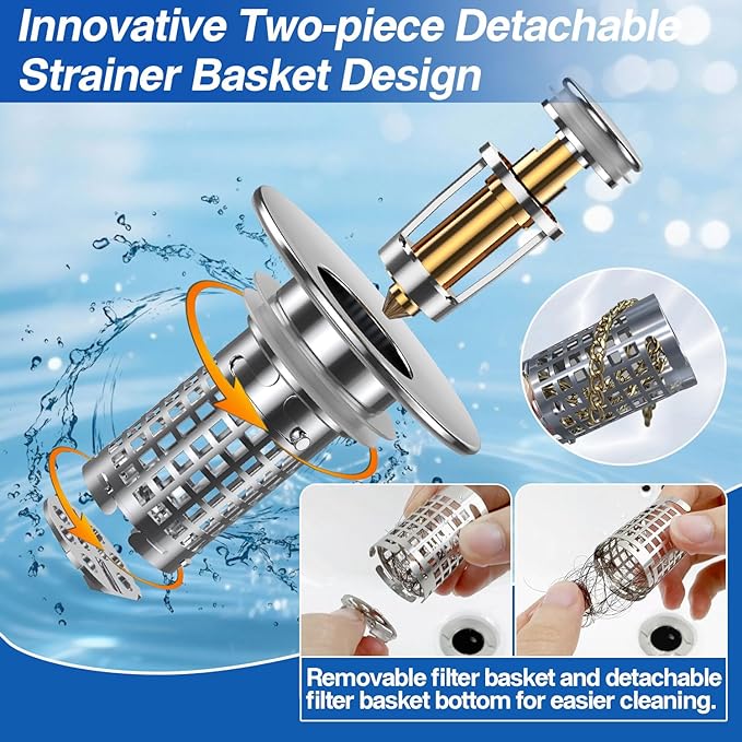 Sink Stopper Hair Catcher(New-2pcs), Pop-up Sink Drain Strainer with Removable Stainless Steel Strainer Basket Hair Catcher