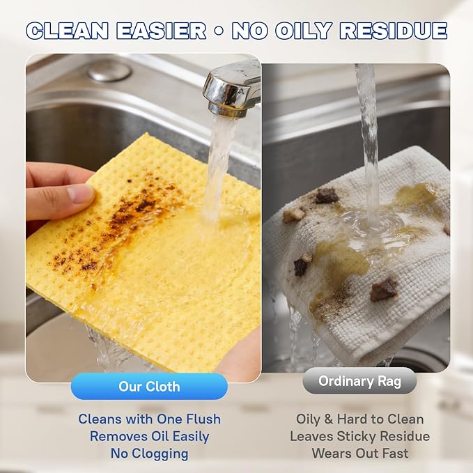 10 Pack Reusable Cellulose Sponge Cloths, Super Absorbent Washable Kitchen Cleaning Cloths, 95% Natural Cellulose + Cotton, Compostable for Dishes Counters Bathroom