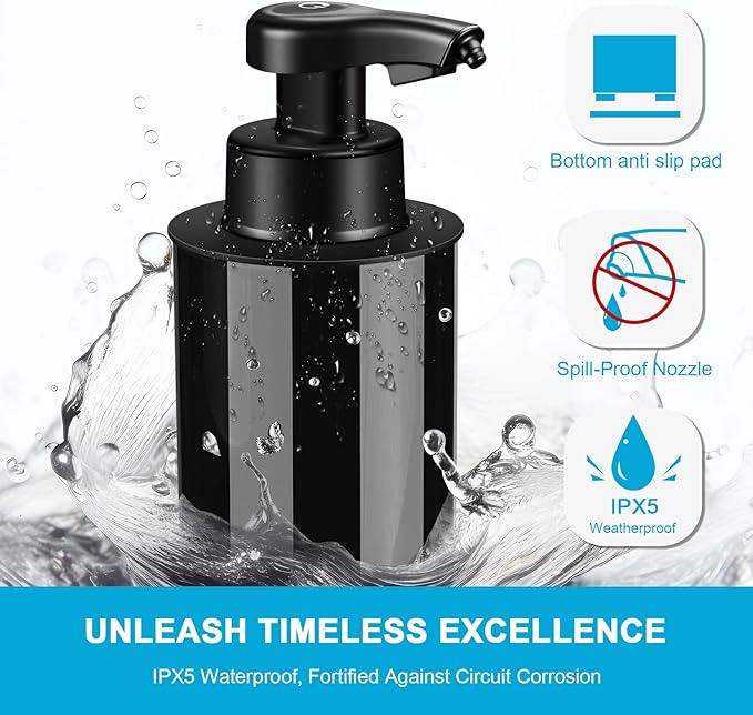 Automatic Foaming Soap Dispenser Touchless Hands-Free: Black Modern Smart Electric Sensor Clog-Free Design for Kitchen & Bathroom, Easy for Kids, Modern Acrylic