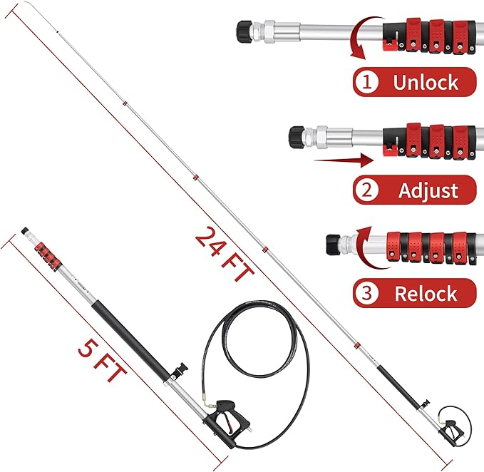 24 FT Gutter Cleaning Tools from The Ground - Telescoping Pressure Washer Wand - Gutter Cleaner Attachment with Power Washer Extension Wands