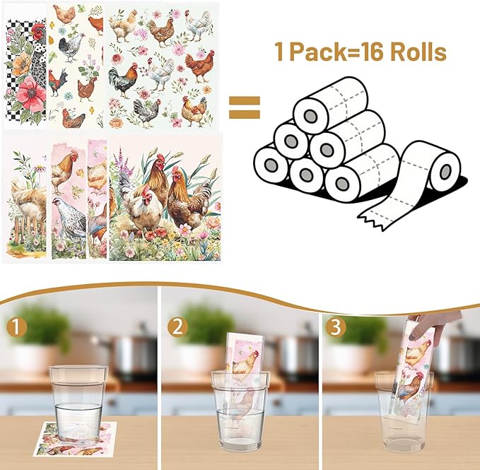 Swedish Dishcloths for Kitchen, 6PCS Chicken Rooster Swedish Dish Cloths Gift Set, Farm Reusable Washable Absorbent Dish Towel for Home Cleaning(7.8 X 7 Inches)