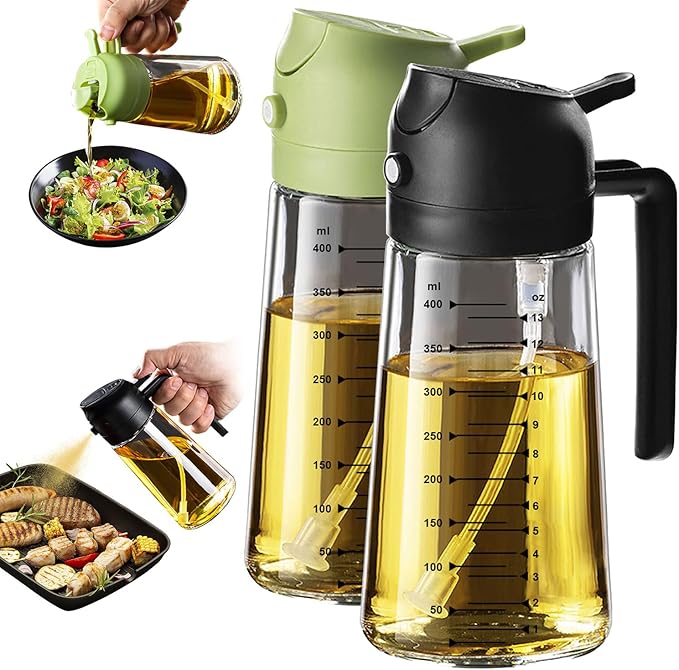 TrendPlain 16oz/470ml Glass Olive Oil Sprayer for Cooking – 2 in 1 Olive Oil Dispenser Bottle for Kitchen Gadgets and Air Fryer Accessories, Salad, BBQ - Black & Green