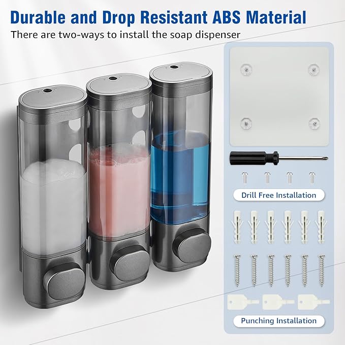 Shampoo and Conditioner Dispenser 3 Chamber No Drill,Shower Soap Pump Dispenser Wall Mounted,Body Wash Dispenser,Shower Gel Shampoo Holder for Bathroom Accessories,Gungrey