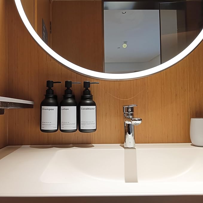 Shampoo Dispenser for Shower Wall, Shampoo and Conditioner Dispenser with 16 Waterproof Labels, Shower Dispenser 3 Chamber No Drill, Shower Soap Dispenser Wall Mounted for Bathroom, 17oz, Black
