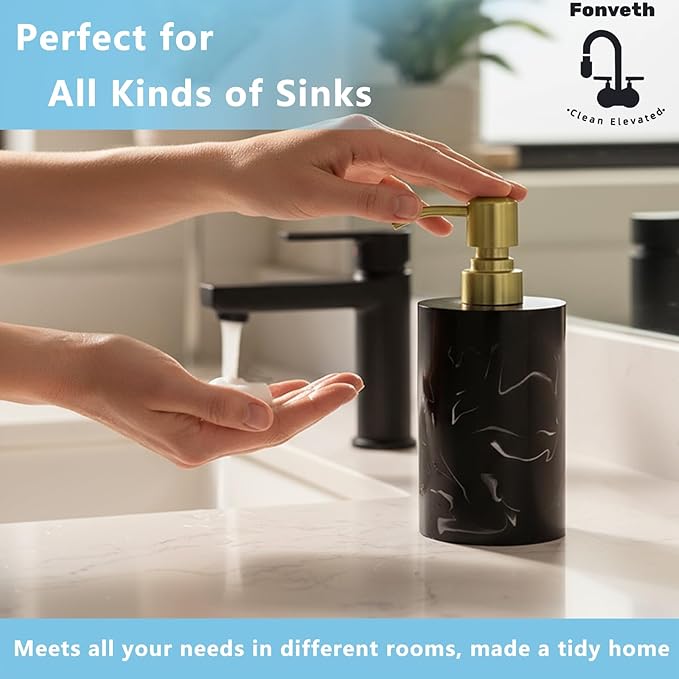 Soap Dispenser Countertop for Bathroom Kitchen, Liquid Hand Soap Dispenser 13.5oz Resin with Brushed Gold Stainless Steel Pump, Lotion Dish Soap Black Marble Bottle