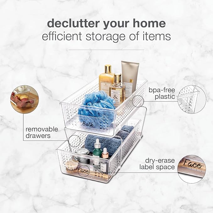 madesmart 2 Tier Organizer, Under Cabinet Storage with Pull Out Sliding Drawers, for Cleaning Supplies, Undersink Storage, Sponges, Bottles & Bath, Adjustable Dividers & Pull Out Baskets, Clear