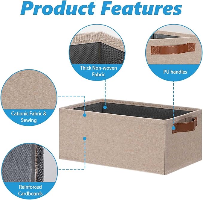 GhvyenntteS Small Fabric Storage Bins 6 Pack, 11.8" x 7.87" x 5.11" Storage Basket with Leather Handles, Closet Storage Bins for Shelves, Storage Baskets for Shelves, DVD Storage (Beige Yellow)