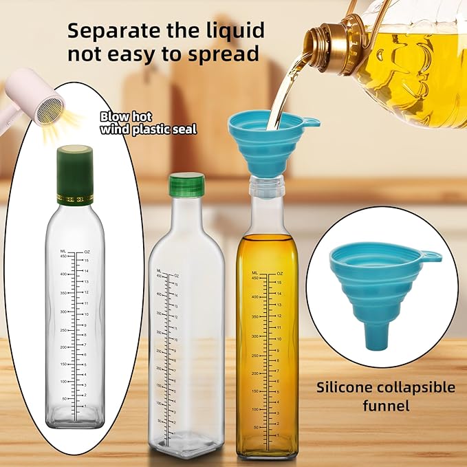 17oz 4 Pcs Scale Olive Oil Dispenser Bottle,500ml Glass Oil and Vinegar Dispenser Set with 4 Stainless Steel Pourers, 8 Labels,Funnel Oil Bottles for Kitchen (Clear)