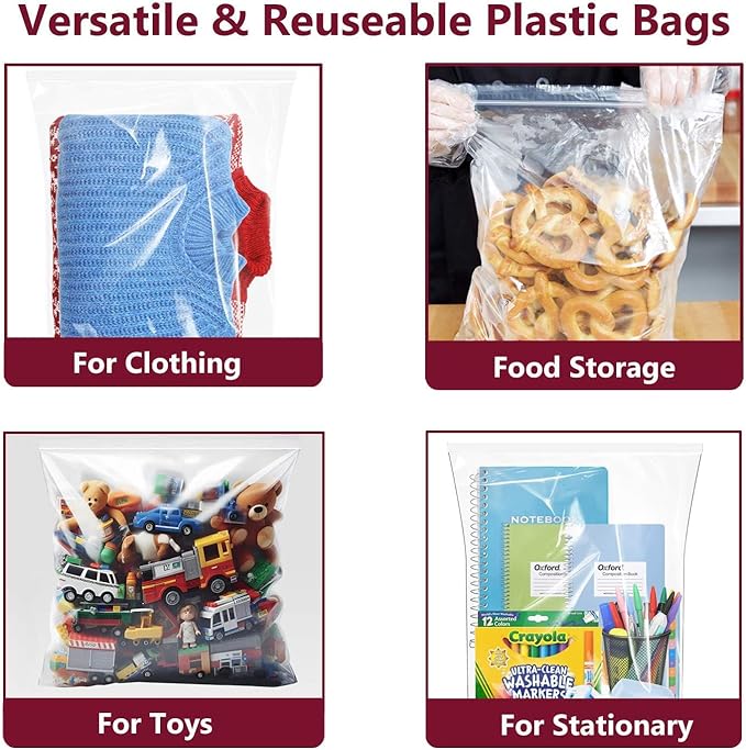 Large Plastic Bags With Zipper Top, 5 Gallon, 18" x 24", 10 Pack