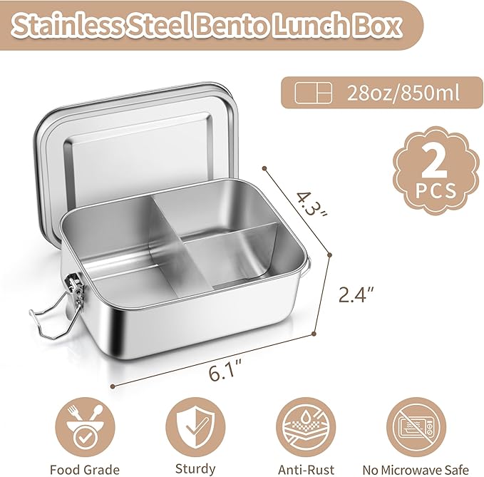TeamFar 2 Pack Stainless Steel Bento Box, 28oz Metal Lunch Box with 3 Compartments for Adults/Kids, Lunch Food Containers for School/Work/Meal Prep
