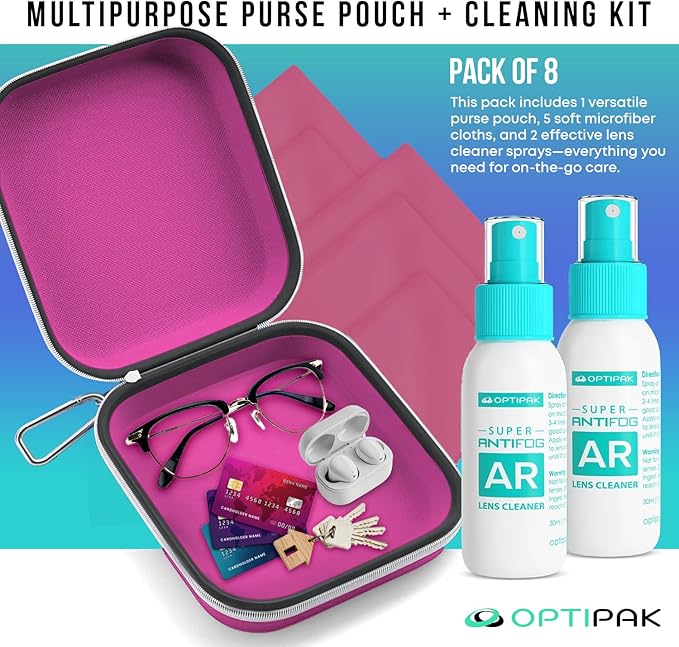 Anti Fog Lens Cleaner Spray Kit | (2x) 1oz Anti Fog Glasses Cleaner Bottles + (1x) Multipurpose Pouch + (5x) Microfiber Cloths for Eyeglasses, Mirror
