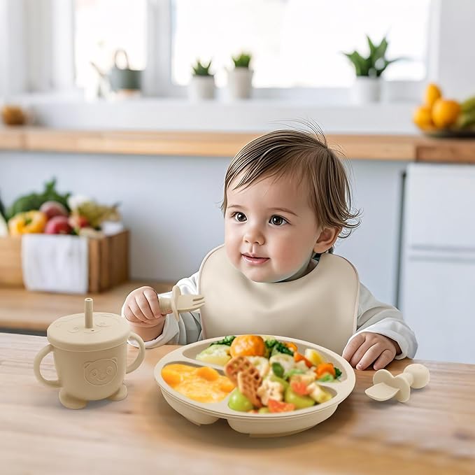 Baby Led Weaning Supplies, 8 Piece BPA-Free Silicone Feeding Set, Silicone Suction Bowl, Forks & Spoons, Bib & Cup, Develops Self Feeding Skills