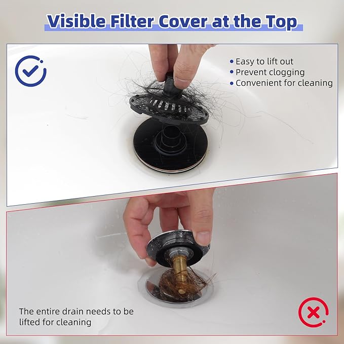 Metal 2 Pack Bathtub Drain Stopper with Top Hair Catcher, 3 in 1 Pop-up Bathtub Strainer