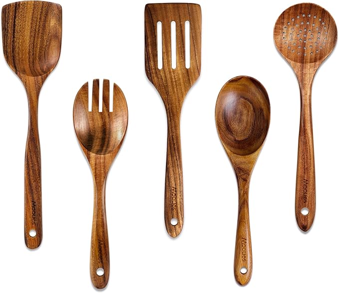 Wooden Spoons for Cooking, Wooden Utensils for Cooking Natural Teak Wooden Kitchen Utensils Set Comfort Grip(5 PCS SET)