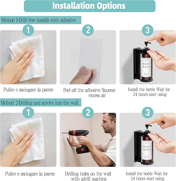 Plastic Soap Dispenser，Wall Mount Shower Pump，No-Drill Wall Mounted Shower Soap Dispenser，Shampoo and Conditioner Dispenser Modern Refillable Shampoo Pump Bottles for Shower Soap