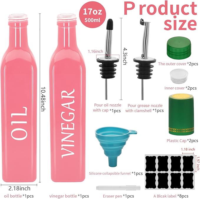 Olive Oil Dispenser Bottle,2 Pcs 17oz 500ml Glass O il and Vinegar Dispenser Set with 2 Stainless Steel Pourers, 8 Labels,Funnel Vinegar Bottles for Kitchen (Pink)