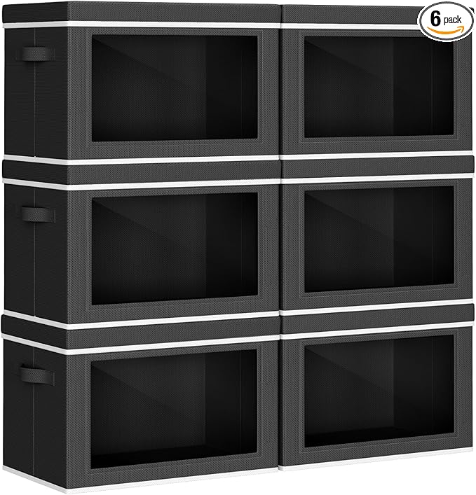 Homsorout Collapsible Storage Bins with Lids - Stackable Storage Containers with Window, 6 Pack Fabric Organizing Bins for Closet, Home & Office Organization Baskets, Black, 14.9" x 9.8" x 9.8"