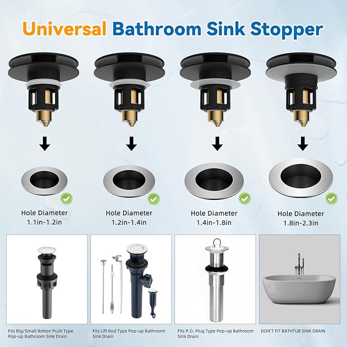 iFealClear Universal Black Bathroom Sink Stopper, Metal Pop Up Sink Drain Strainer with Hair Catcher, Fit 1.1"-2.36" US Basin, Wash Basin Drain Plug
