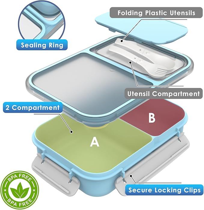 WHALEHOUSE Large Capacity Bento Lunch Box for Adult, 1600ML 2 Compartments Meal Prep Container with Utensil