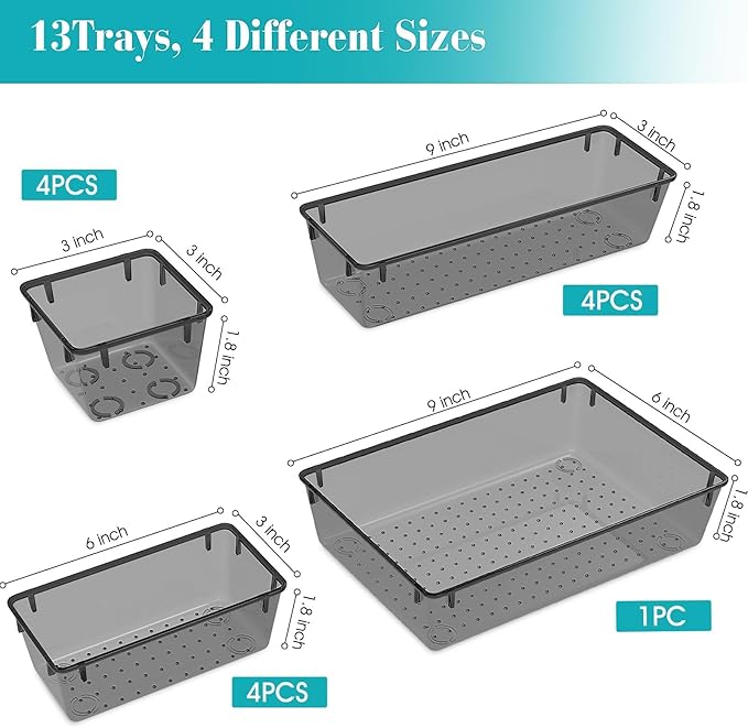 13 PCS Clear Plastic Drawer Organizers Set, Black