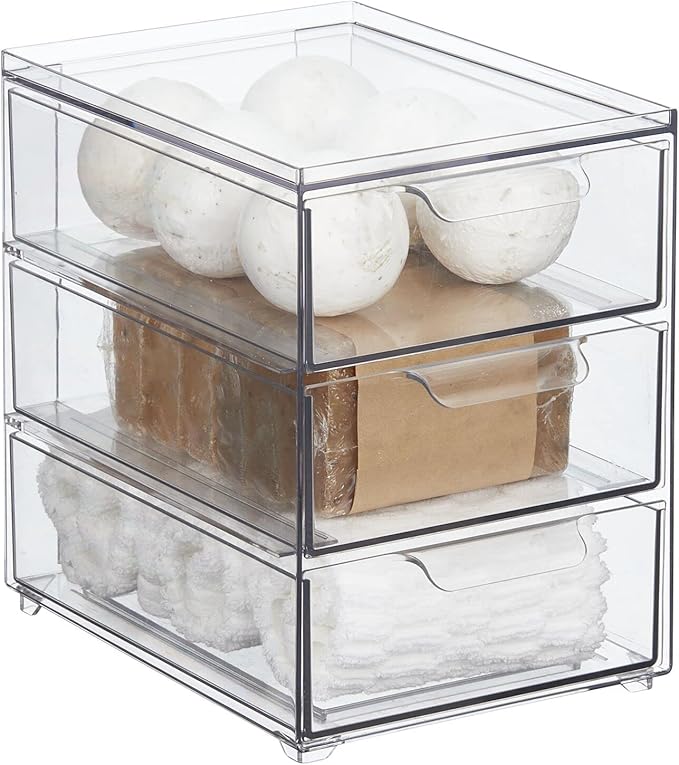 mDesign Plastic Stackable Organizer with 3 Drawers - Pull-Out Drawer Storage Bin for Bathroom Sink/Cabinet Organization - Perfect for Makeup, Small Towels, and More - Lumiere Collection, Clear