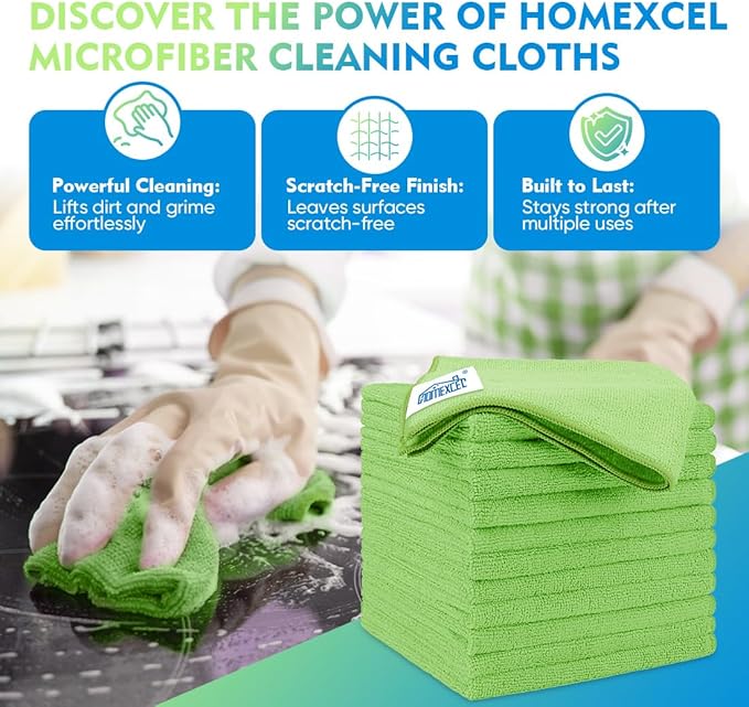 HOMEXCEL Green Microfiber Cleaning Cloth 20 Pack 11.5 x 11.5 Inch Microfiber Towels for Cars Ultra Absorbent Cleaning Rags Lint Free Cleaning Towels for Household Kitchen, Window Car