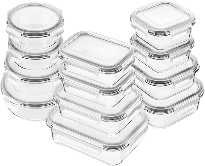 Bayco Glass Food Storage Containers, [24 Piece] Airtight Meal Prep Bento Boxes, Leak Proof (12 lids & 12 Containers) - White