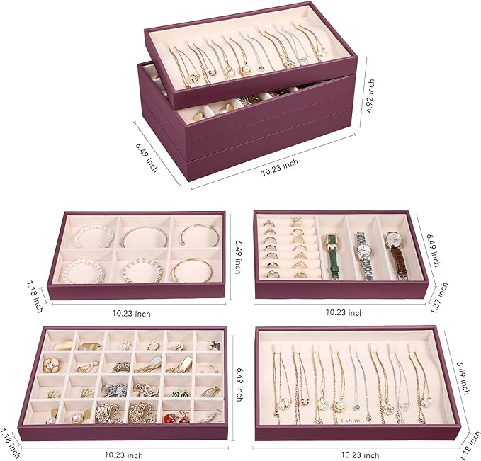 Stackable Jewelry Organizer Trays 4 Set, Purple