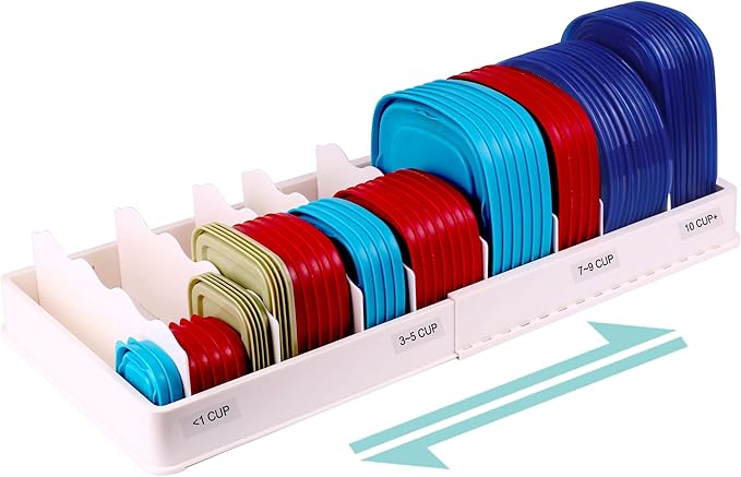 SWOMMOLY Expandable Food Storage Container Lid Organizer, Includes 8 Adjustable Dividers, 30 Preprinted and Blank Writable Labels, Extra Large