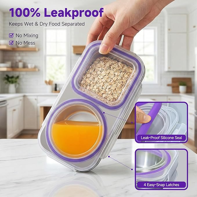Stainless Steel Snack Containers with Lid, Reusable 2 Compartment Snack Box Leak-Proof Food Storage Container, 13 Oz BPA-Free Metal Bento Lunch Box for Home, Travel, Picnic (1 Pack, Purple)