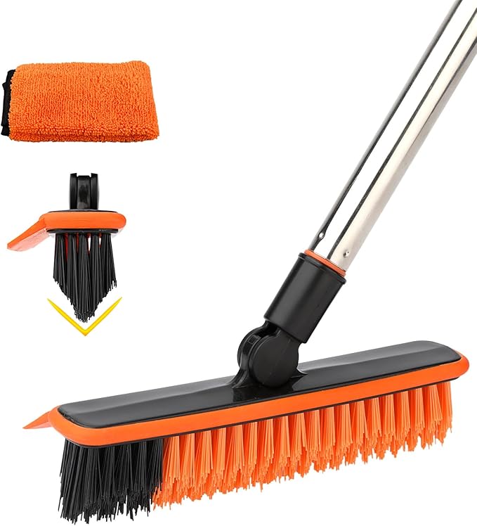 2 in 1 Floor Scrub Brush Grout Brush with 57.8" Long Handle,120°Rotatable Shower Tile Grout Cleaner Scrubber,V-Shaped Corner Brush for Hard to Reach Areas (Orange)