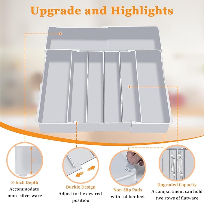 Homecor Silverware Drawer Organizer for Kitchen - Adjustable Utensil Holder Drawer Organizer, BPA Free Flatware and Cutlery Tray, Expandable Plastic Storage for Spoons Forks Knives, Grey