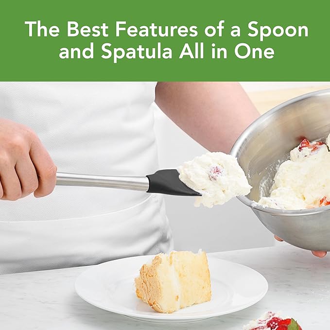 Tovolo Spoon Spatula Spoonula with Stainless Steel Handle Ergonomic Grip Black, Silicone Scoopula Kitchen Utensil Non Scratch Easy Clean Dishwasher Safe Heat Resistant Flex Core Scoop Spatula