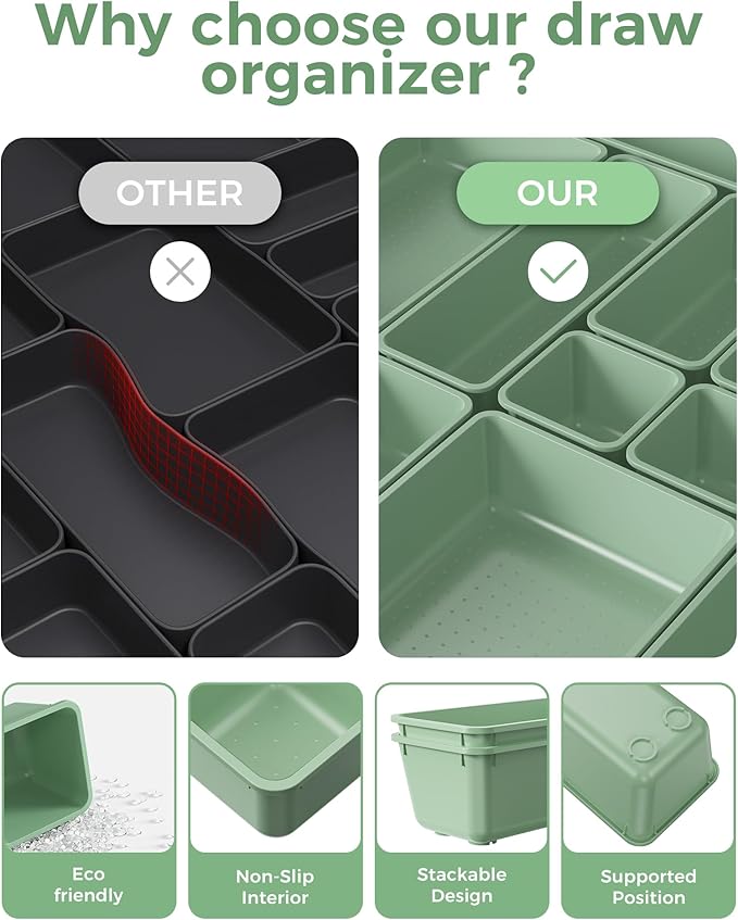 25 PCS Plastic Drawer Organizers Set, 4-Sizes Vanity and Makeup Organizer, Green