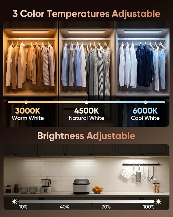 16inch Under Cabinet Lighting Wireless, 216LED Motion Sensor Light Indoor, USB Rechargeable Closet Lights, 3 Color Temps & Dimmable, Stick On Under Counter Lights for Kitchen, Pantry, Stairs, 5 Pack